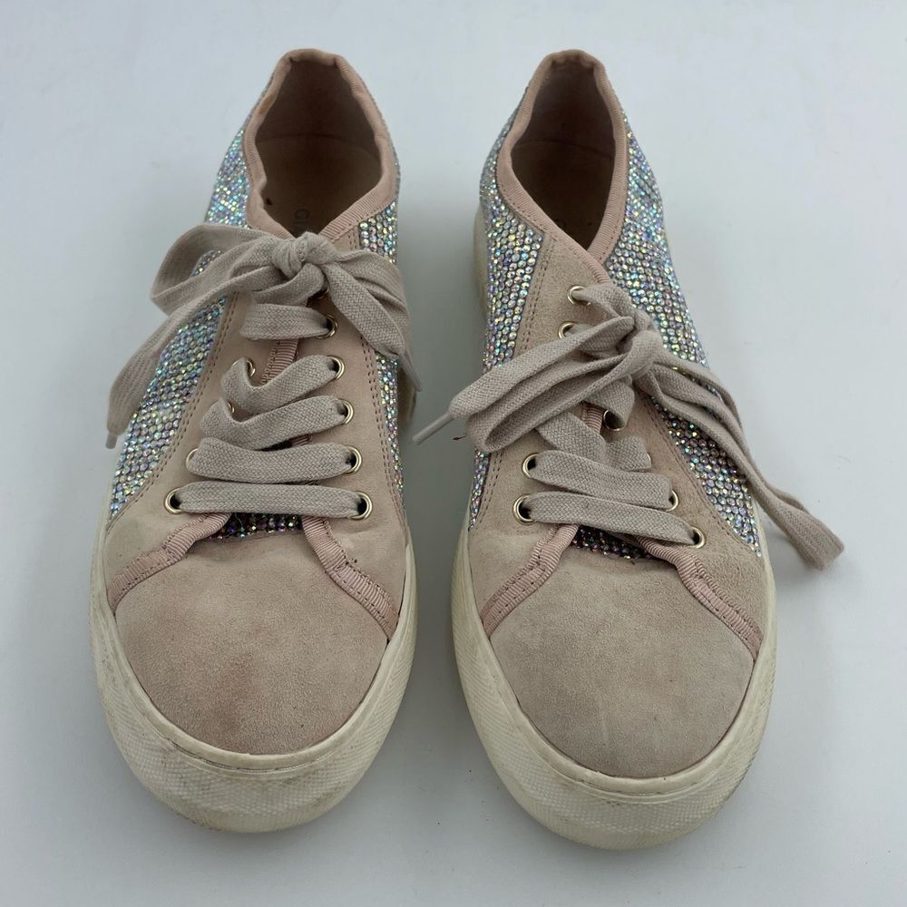 Gianni Bini Zennaa Rhinestone Embellished Blush Pink Suede Lace Up Sneakers - Picture 2 of 5